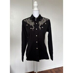 Panhandle Slim Retro Western Wear Black Embroidered Button Up Collared Shirt